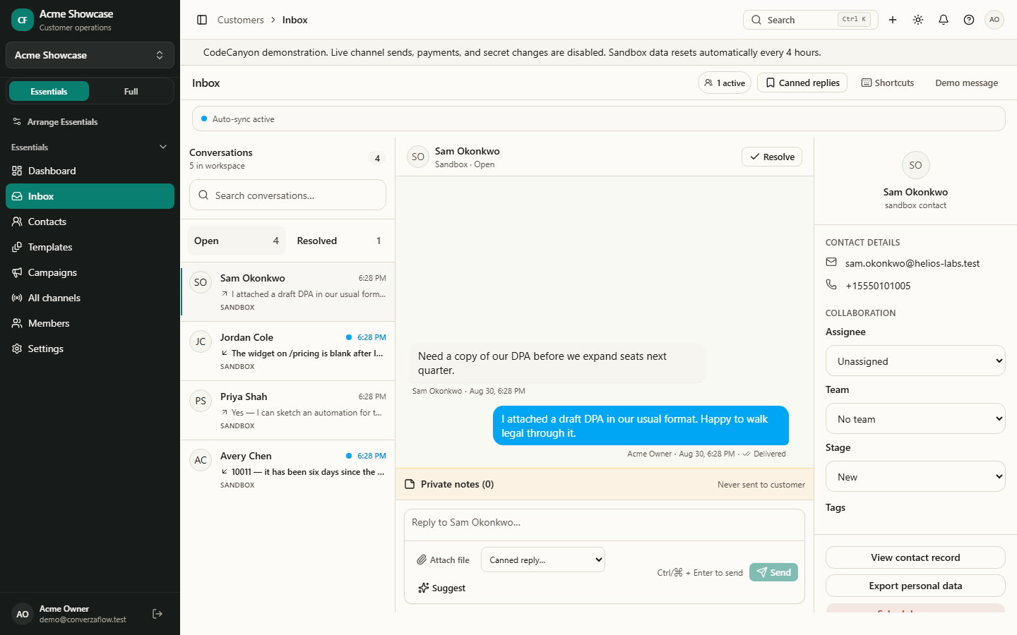 ConverzaFlow unified inbox across WhatsApp, Instagram, Messenger, and Telegram