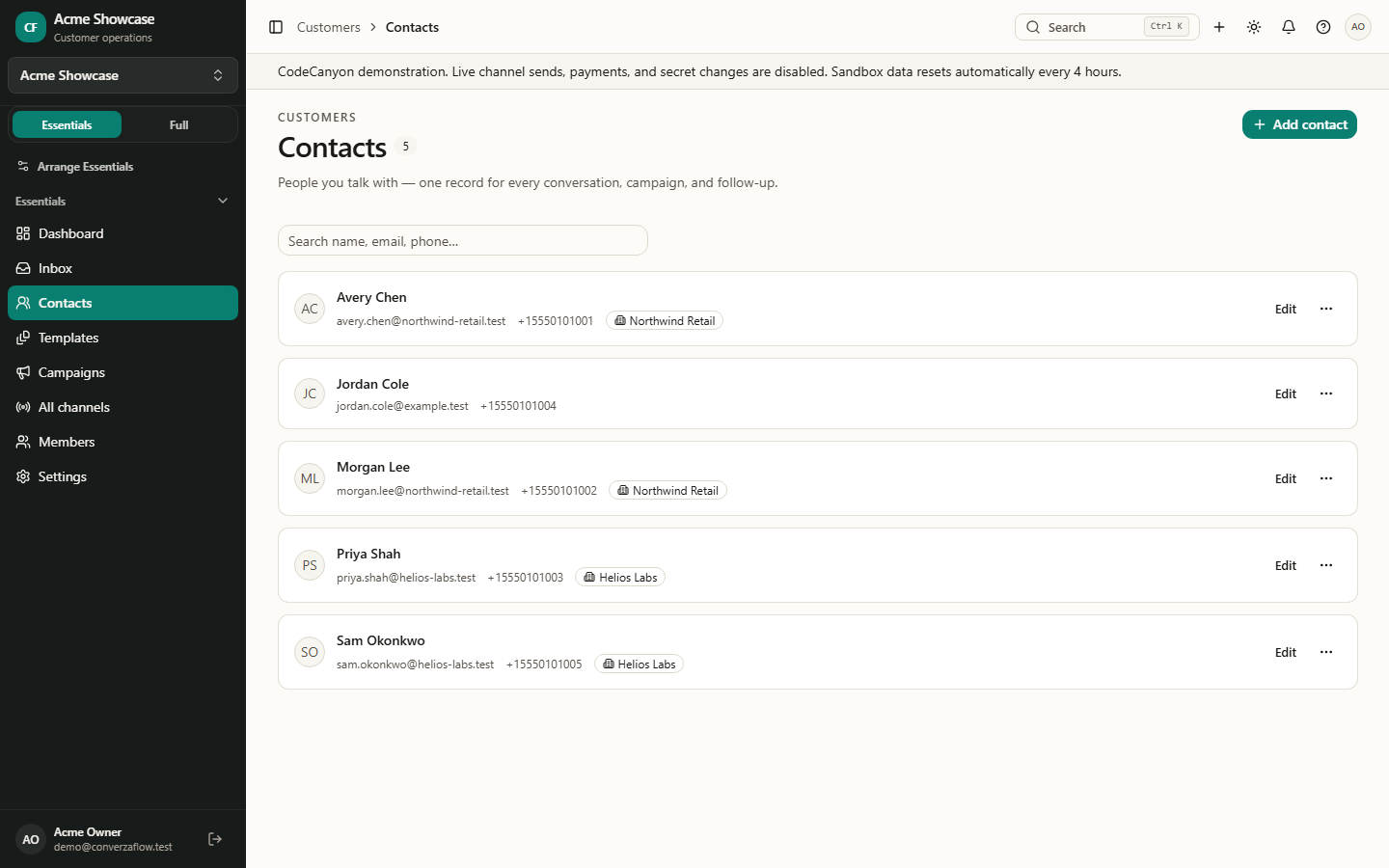 Contacts — customer directory
