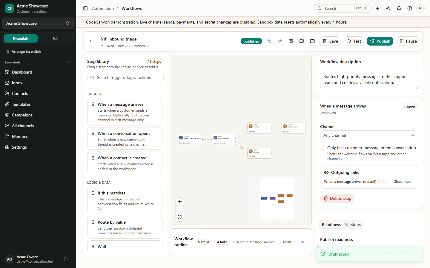 Workflow builder — visual automation graph