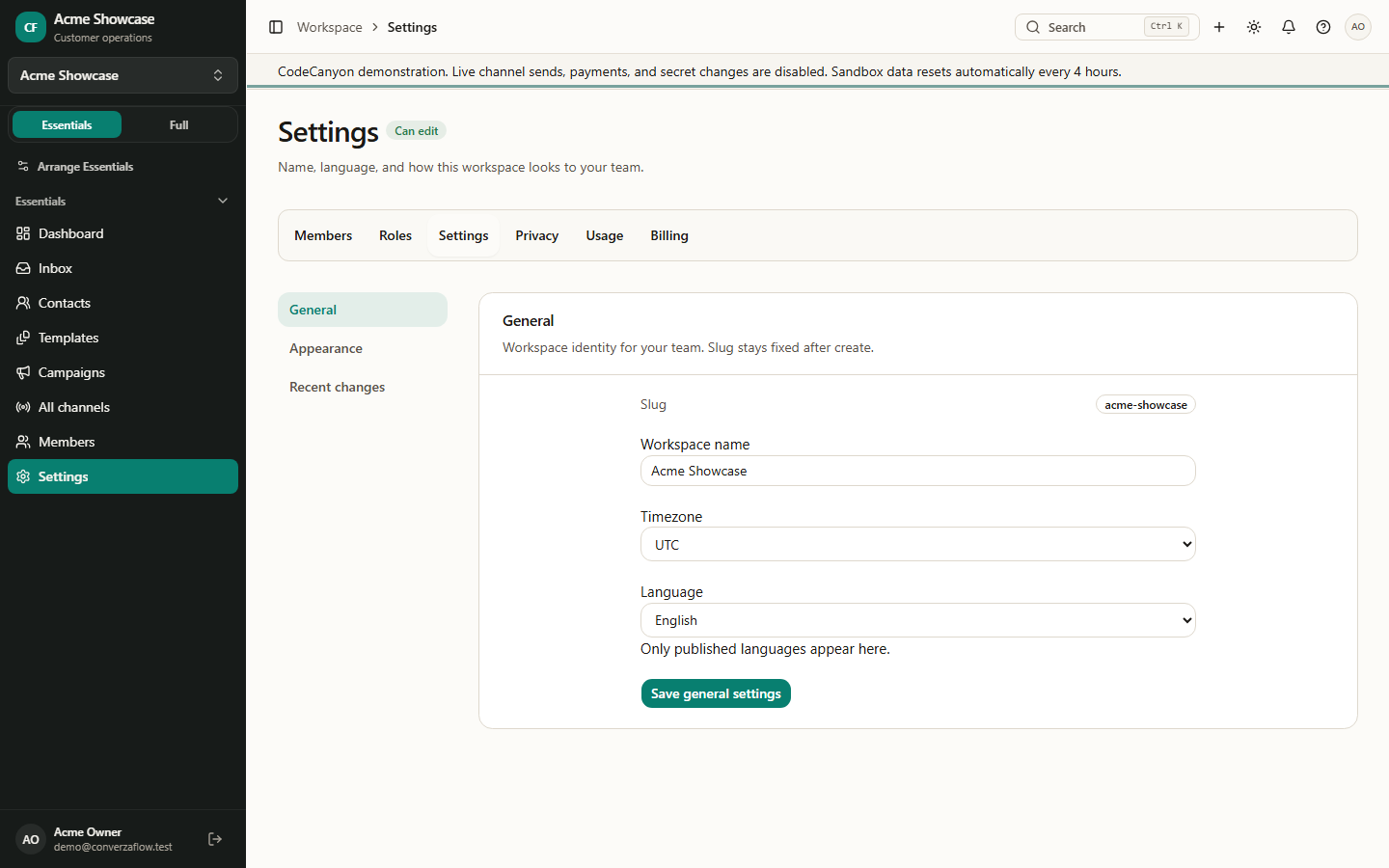 Settings — general, appearance, recent changes